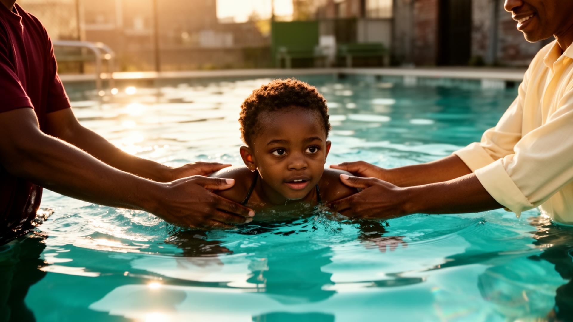 A child learning water safety, supported by caring hands in a pool
